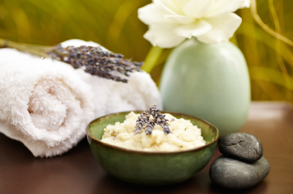 Exfoliation salt scrub at spa with lavender