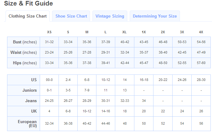 modcloth sizing chart